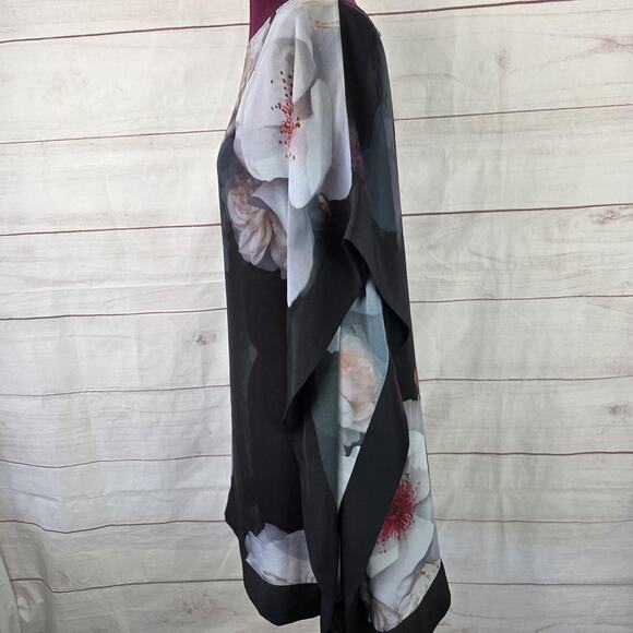 Ted Baker Poncho Womens Medium Black Floral Sheer Kimono Overlay Blouse Top - Picture 2 of 11